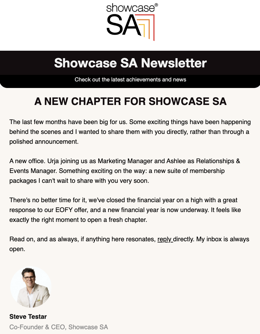Showcase SA newsletter example